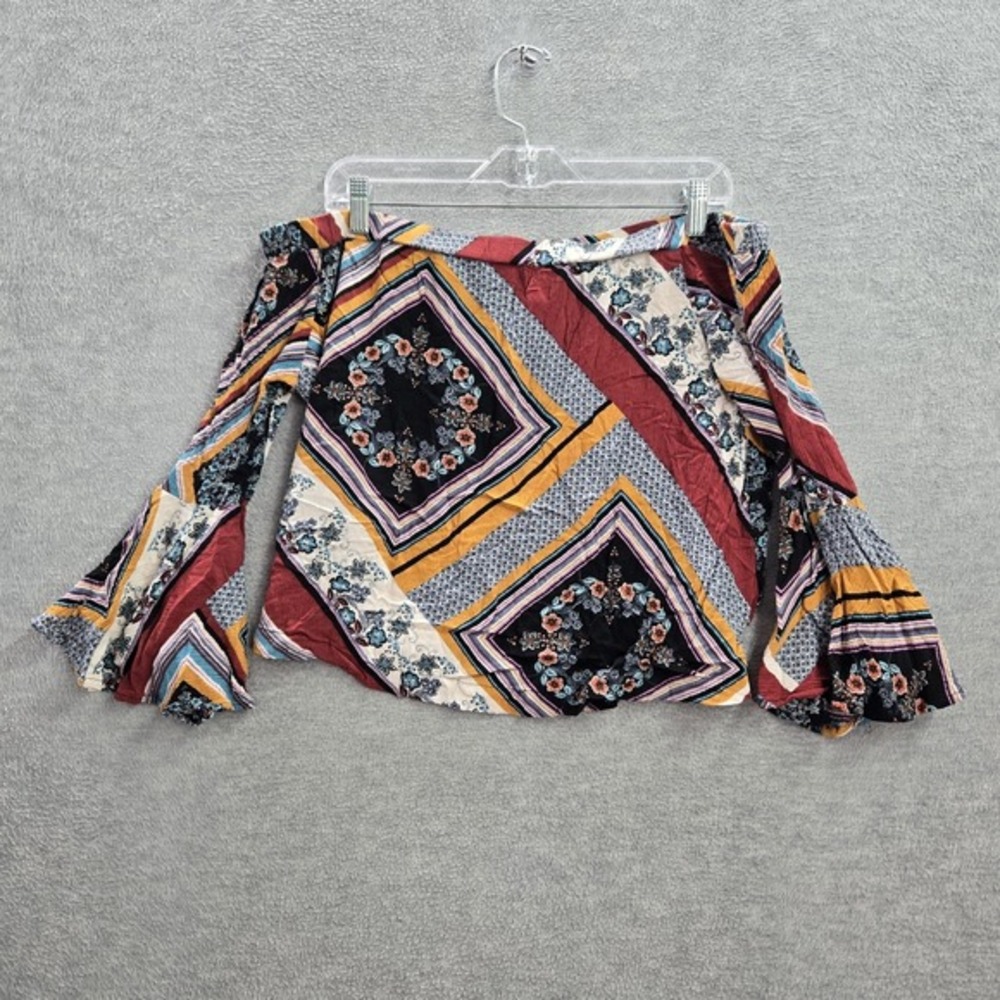Shyanne Women Blouse XL Red Floral Geometric Boho Ruffle Off the Shoulder